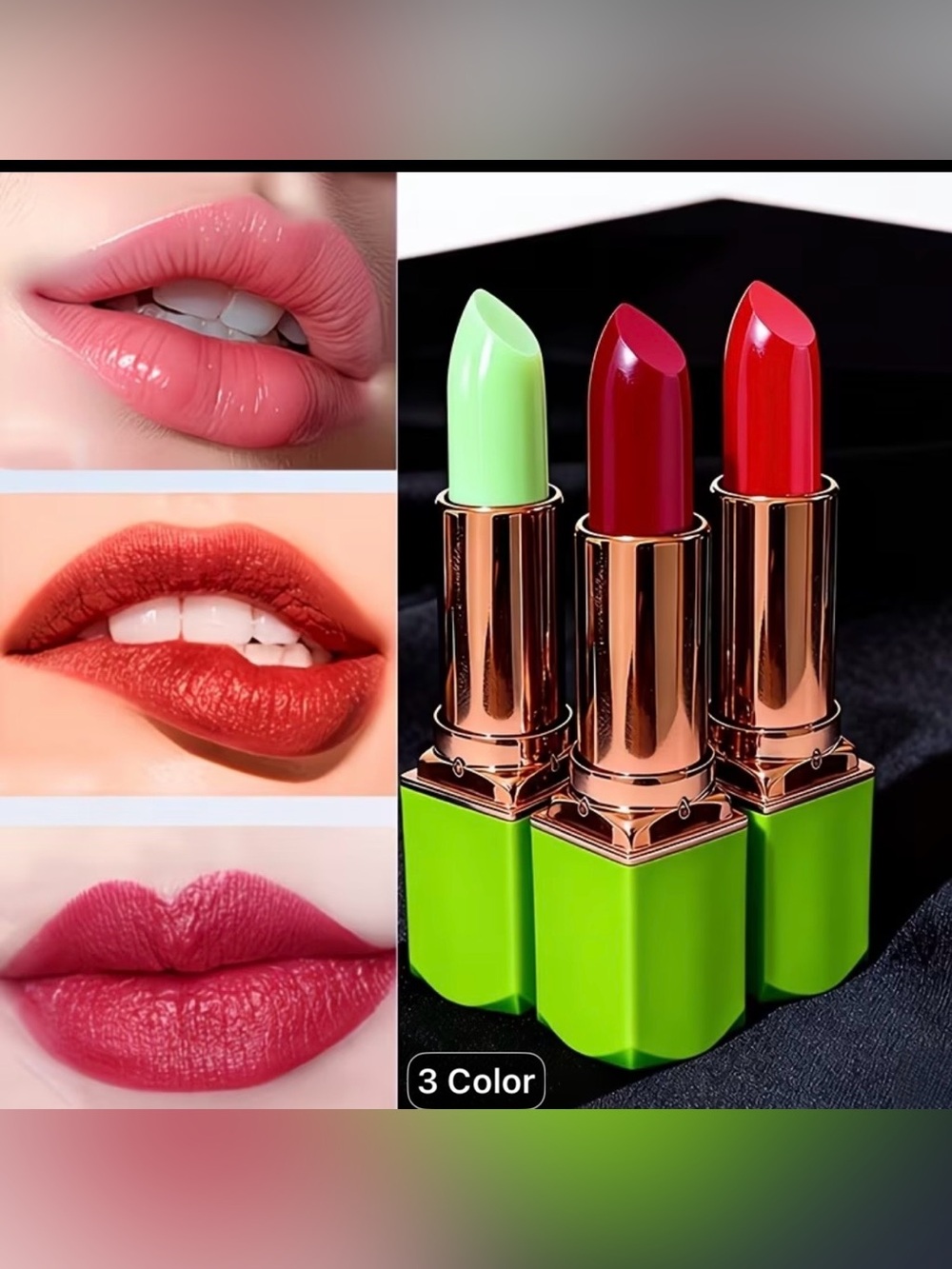 3-Color Women's Lipstick Set — Green Case (Red, Pink, Coral)